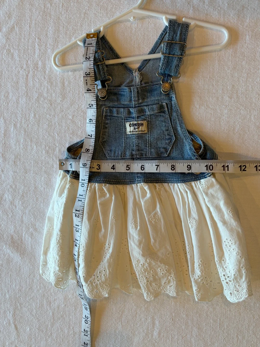 Osh Kosh B’Gosh Denim Overall Lace Dress Sz 18 Mo Vestbak White Eyelet Bottom